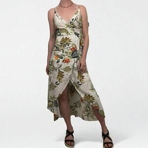 A. Peach Tropical V-Neck A-Line Midi Wrap Dress